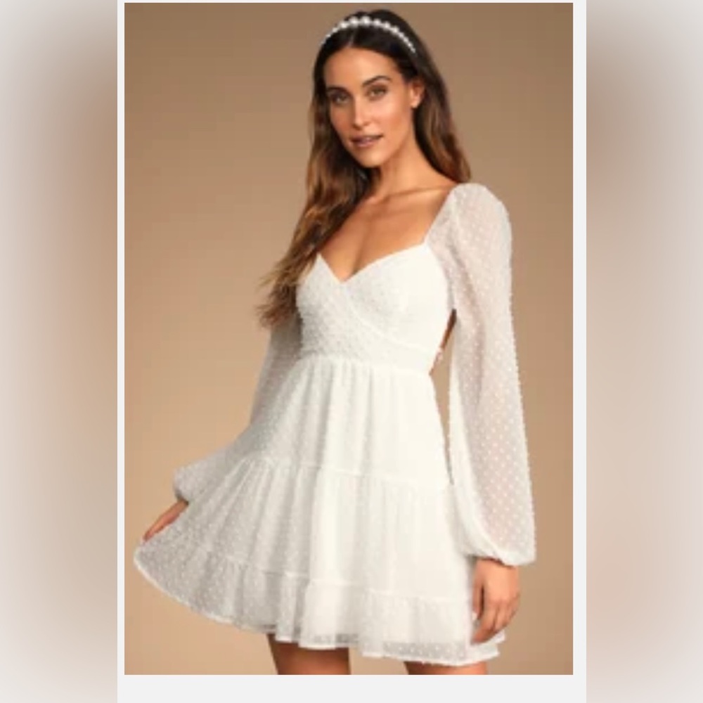 Longing and Love White Swiss Dot Puff Long Sleeve Mini Dress